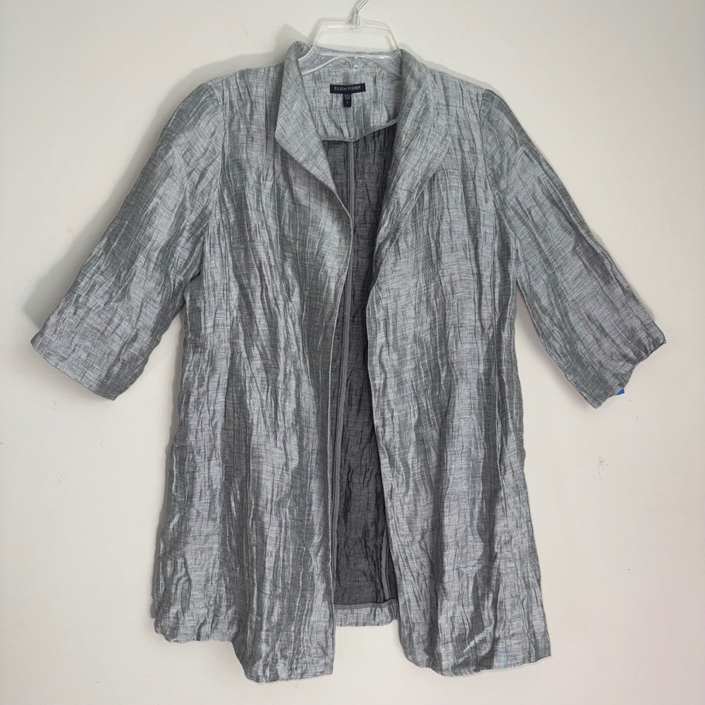 Eileen Fisher Silver Linen Silk Blend Crinkle Open Front Jacket Pockets Size S